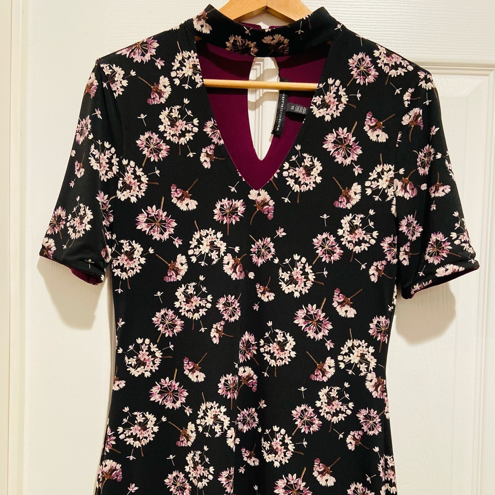 White House Black Market Black Floral V-Neck Dress with Pink Accents